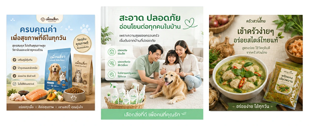 ผลงานออกแบบสื่อโฆษณาสินค้าออนไลน์ 3 แบรนด์ ตัวอย่างผลงานออกแบบภาพโฆษณาสินค้าออนไลน์ 3 แบรนด์ ได้แก่ อาหารสัตว์เลี้ยง ผลิตภัณฑ์ทำความสะอาด และเครื่องปรุงอาหารไทย