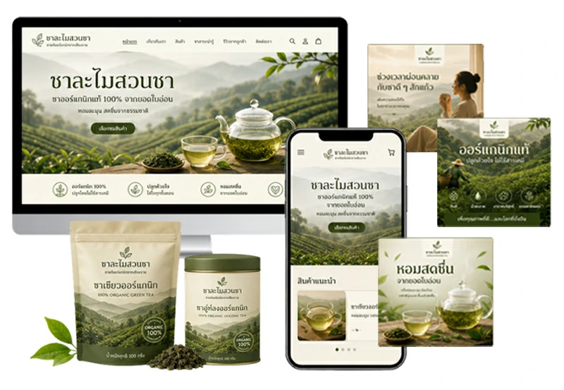 ออกแบบเว็บไซต์และภาพลักษณ์แบรนด์ชาละไมสวนชา ผลงานออกแบบเว็บไซต์แบรนด์ชาเขียวออร์แกนิก แสดงหน้า Desktop และ Mobile พร้อมบรรจุภัณฑ์และภาพโฆษณาออนไลน์